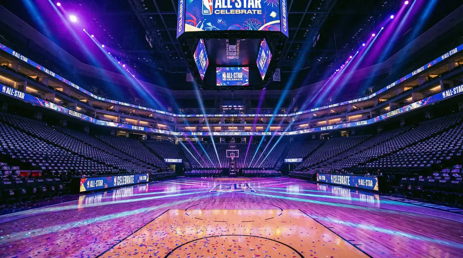 NBA All-Star Game arena with illuminated basketball court