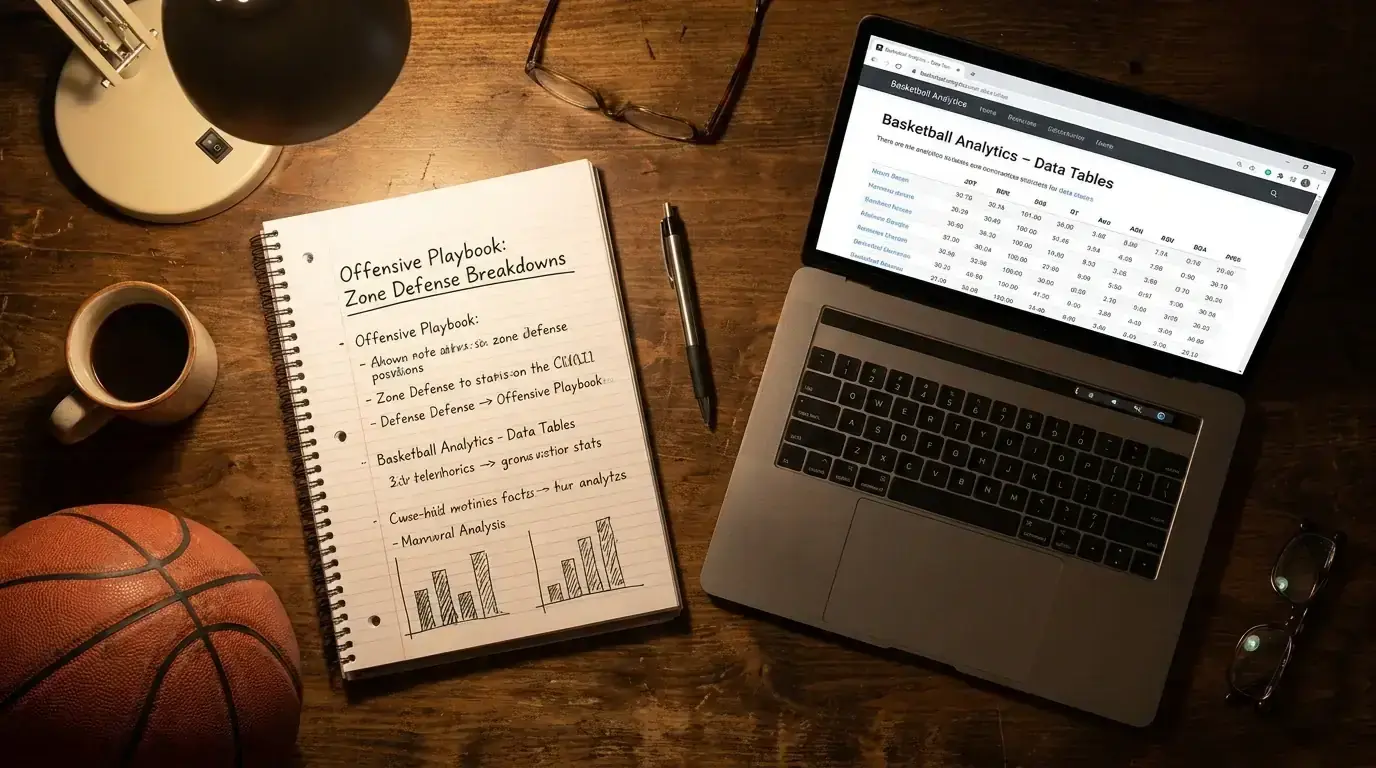 Basketball analytics notebook with game statistics and strategic notes