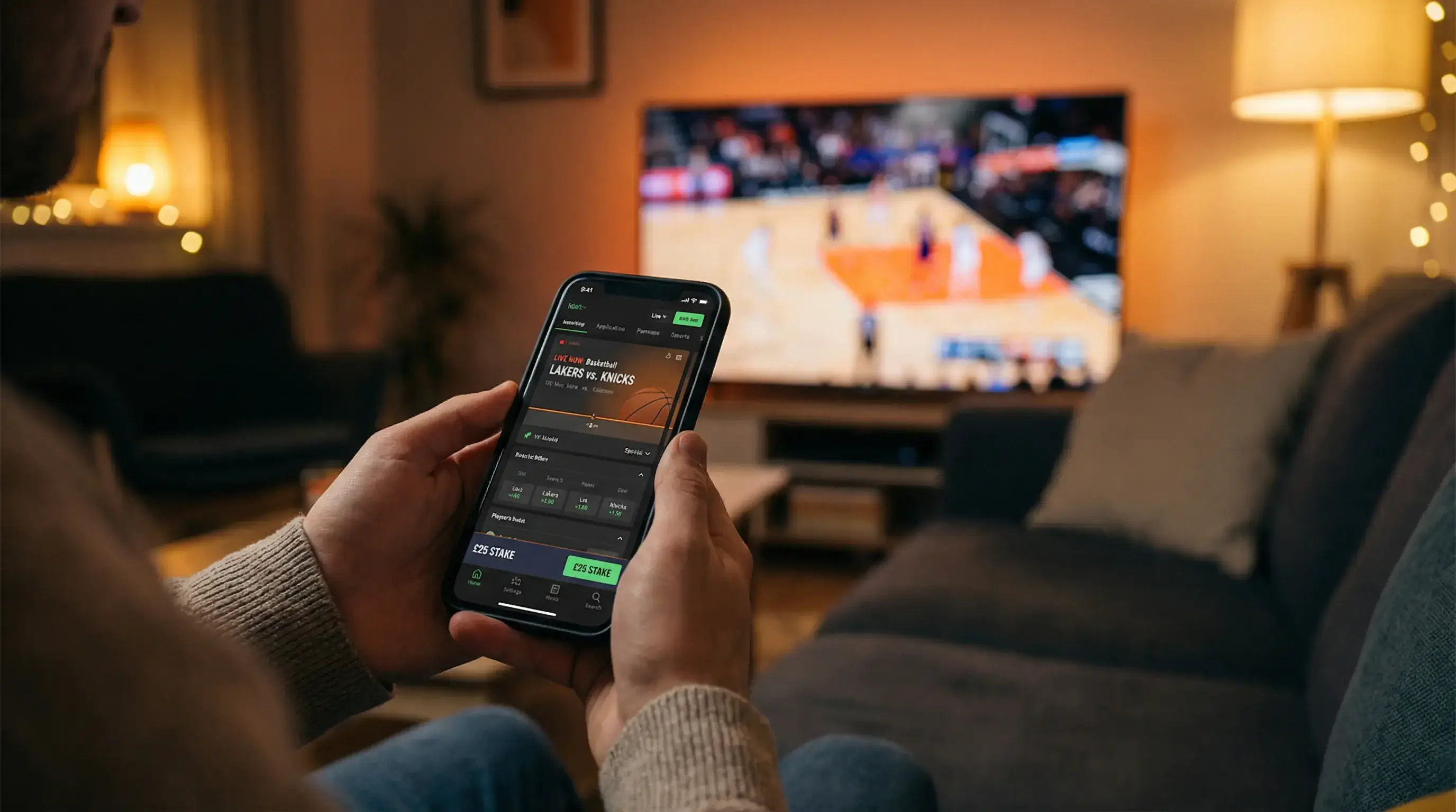 UK punter placing NBA bets on mobile phone with basketball in background