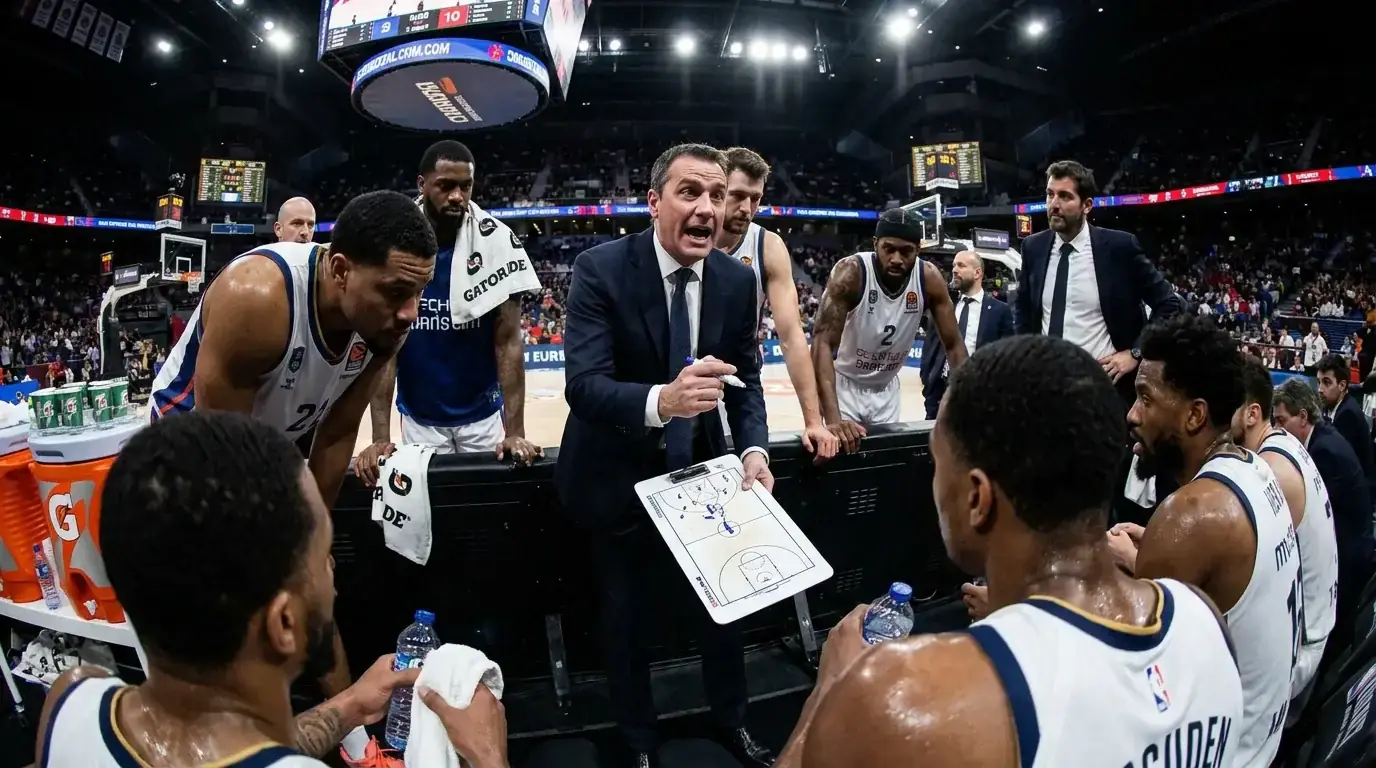Basketball head coach giving instructions to players on sideline during NBA game