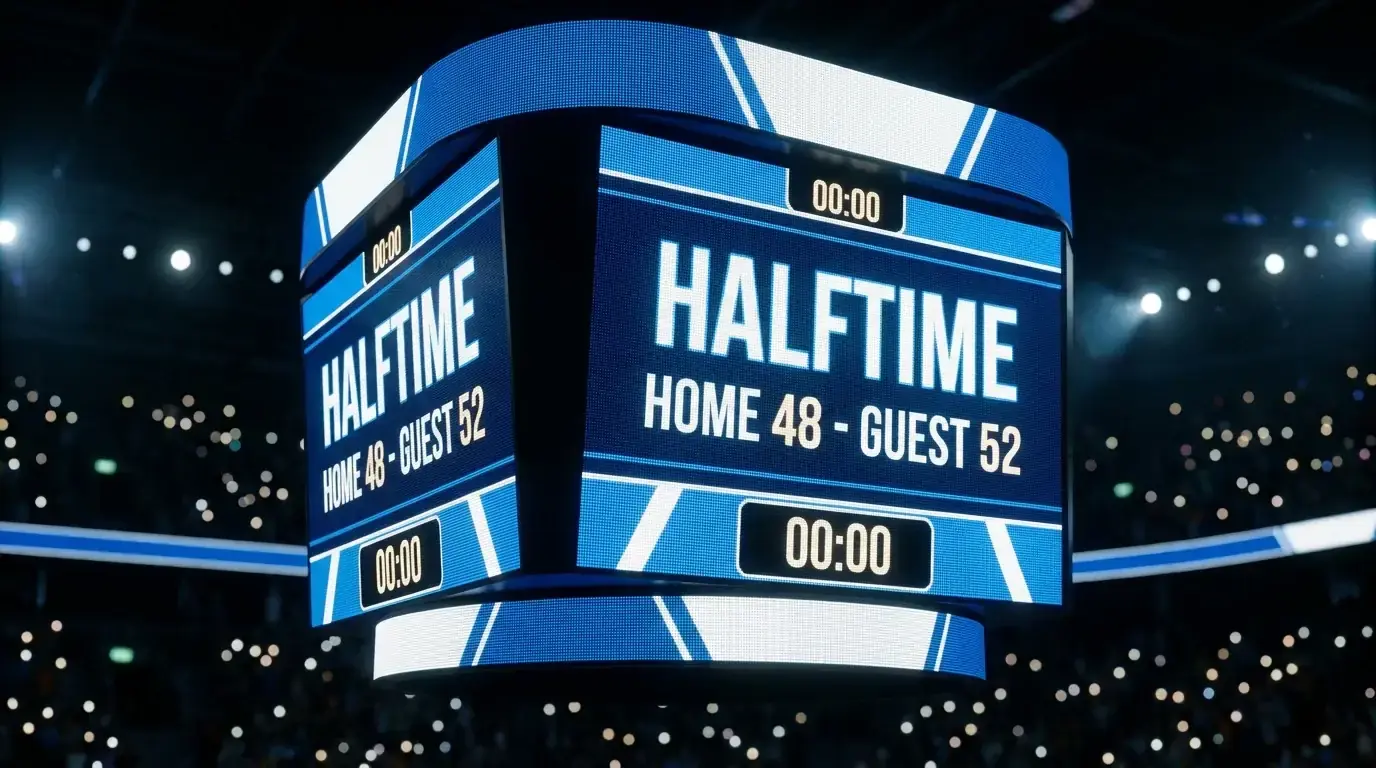 Basketball arena scoreboard showing halftime score for double result betting
