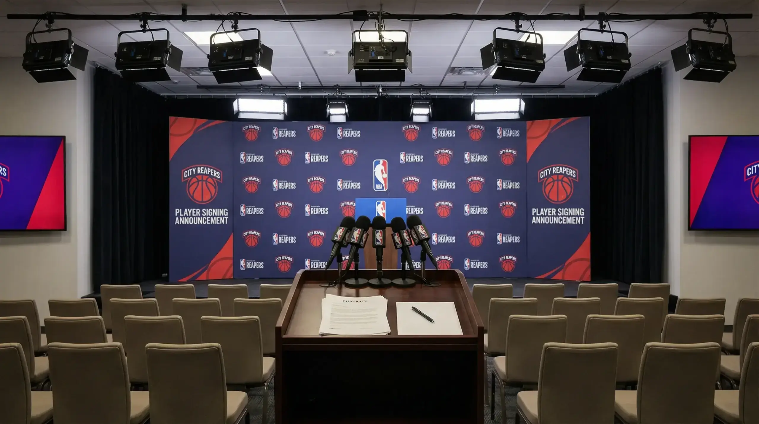Basketball press conference setup with team logos and microphones for player announcements
