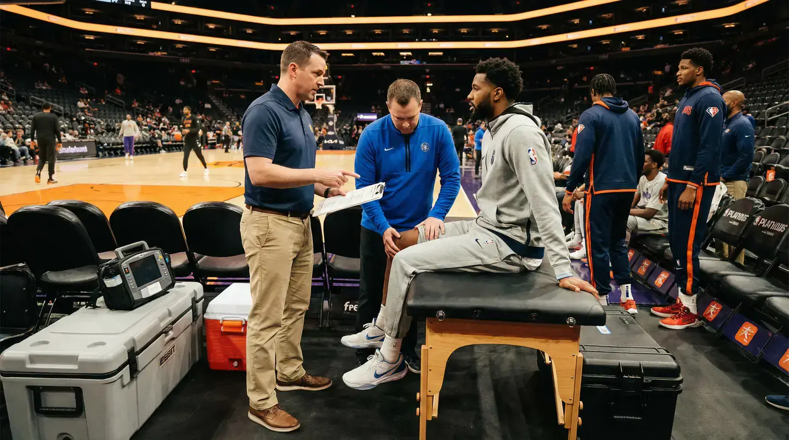Basketball player on sideline with medical staff reviewing injury status