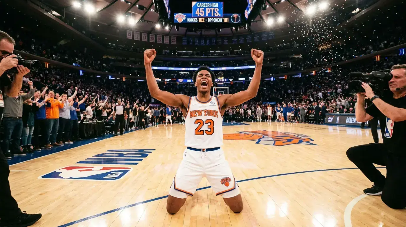 Basketball player celebrating breakthrough performance on NBA court
