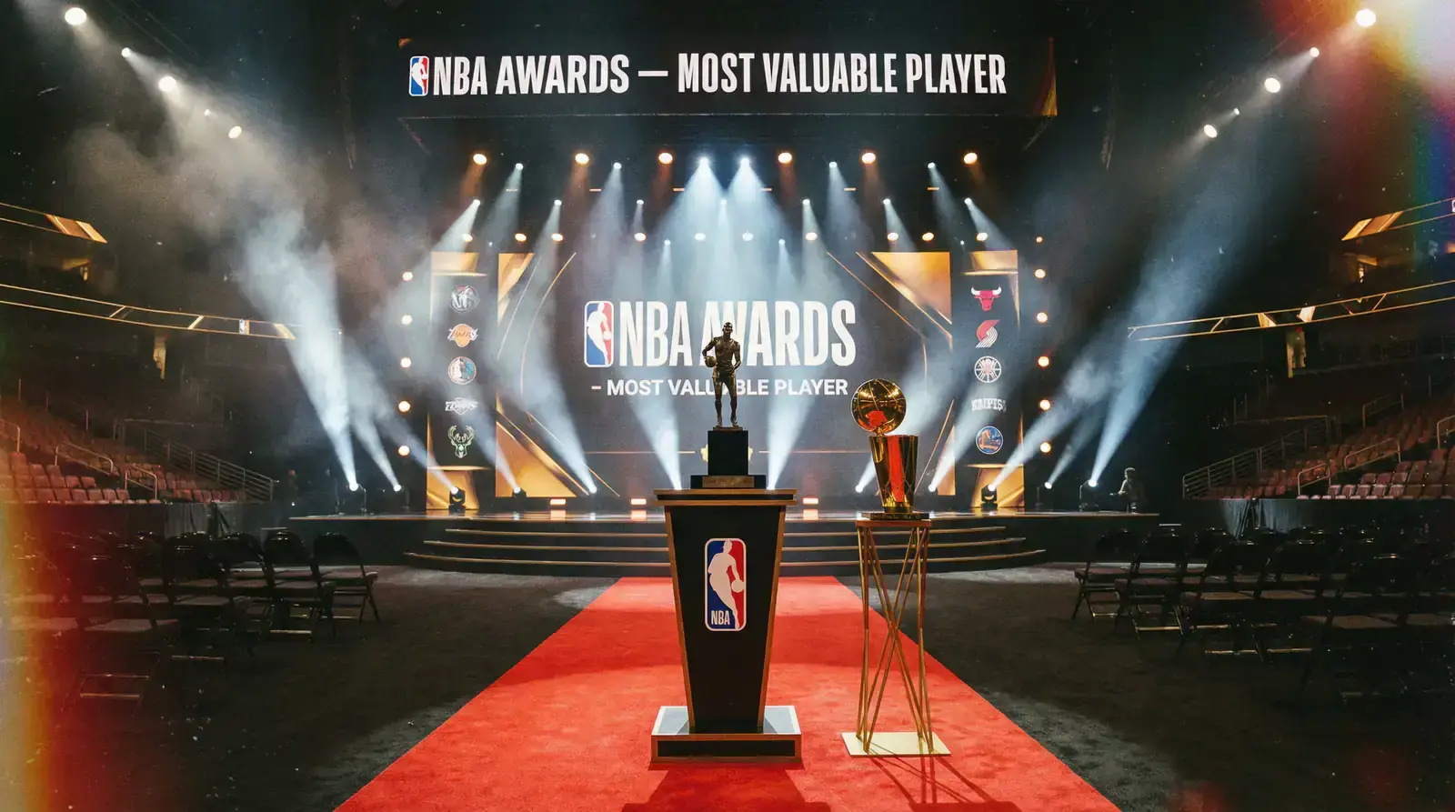 Basketball player holding MVP trophy at award ceremony podium
