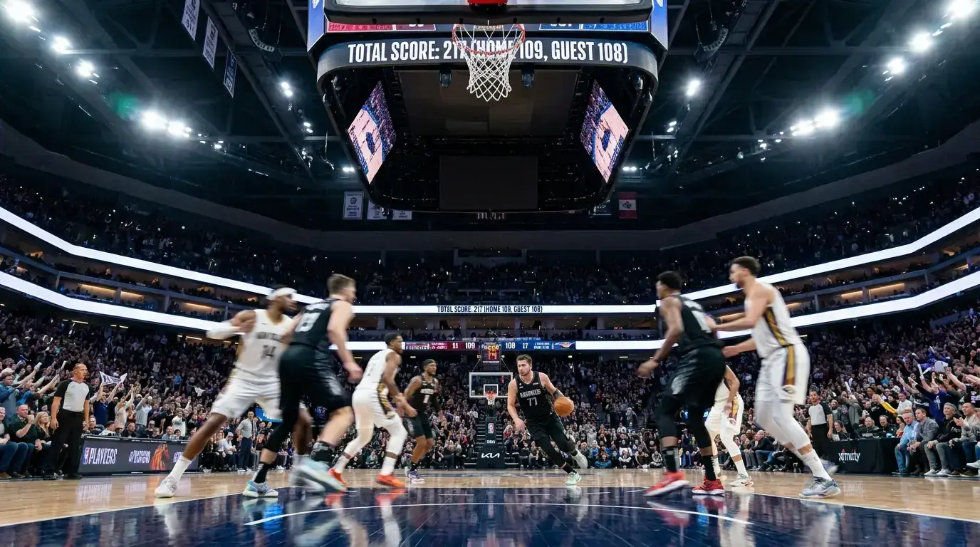 Basketball and scoreboard showing combined points total for NBA over under betting