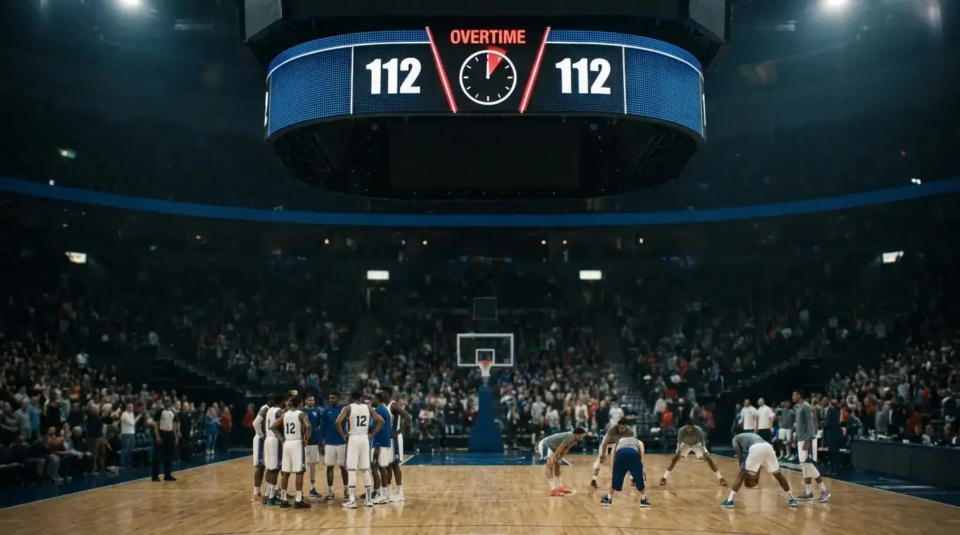 NBA arena scoreboard showing overtime period for basketball betting rules