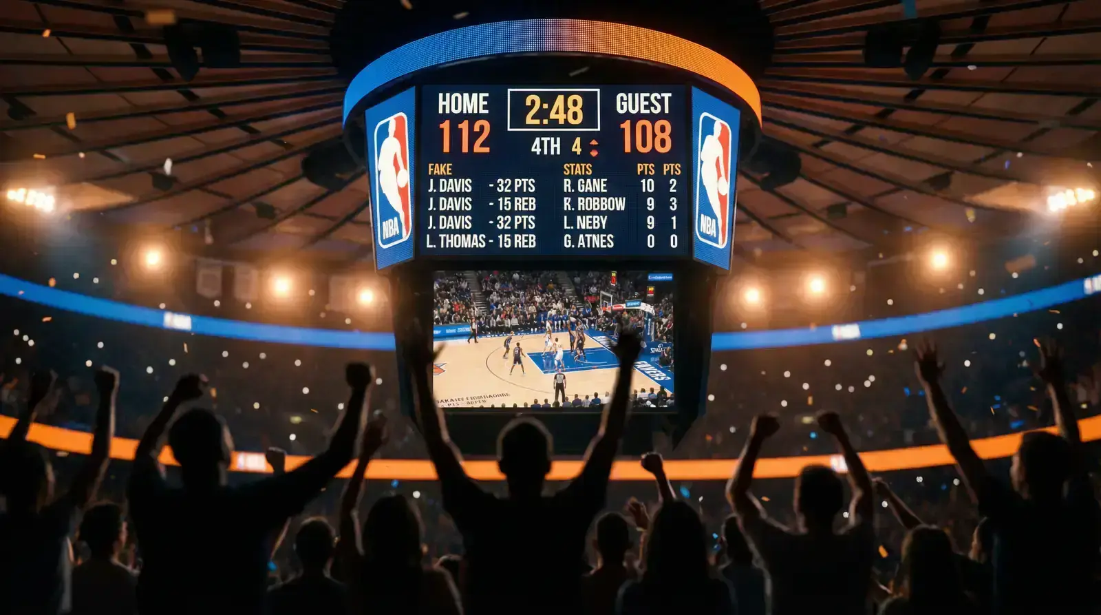 Basketball court scoreboard showing point spread and totals betting concepts