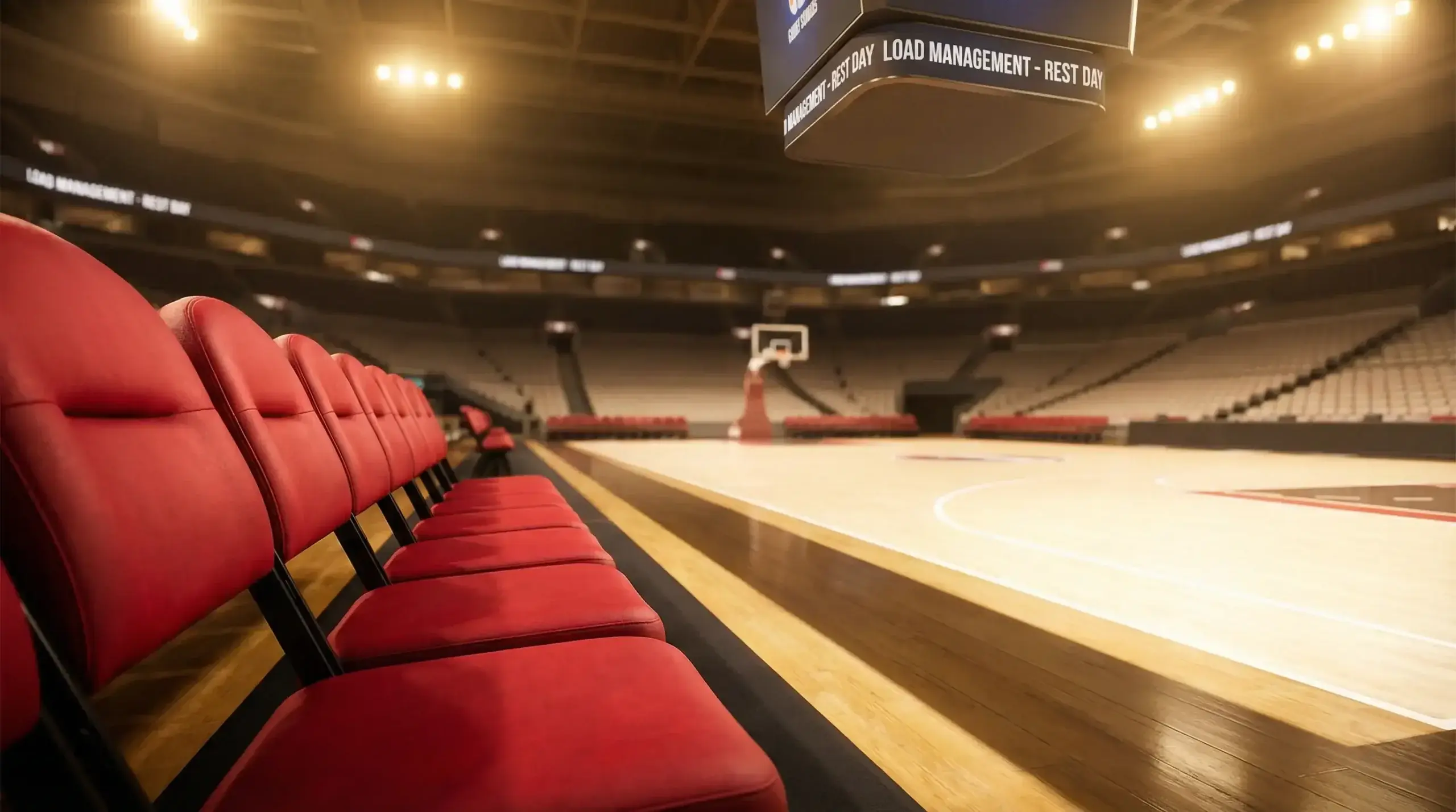 Empty basketball court bench representing NBA load management and rest days
