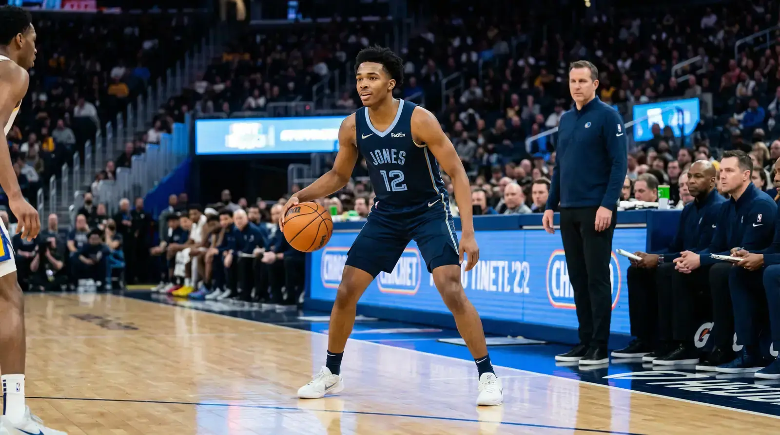Young basketball player in NBA uniform making debut on professional court