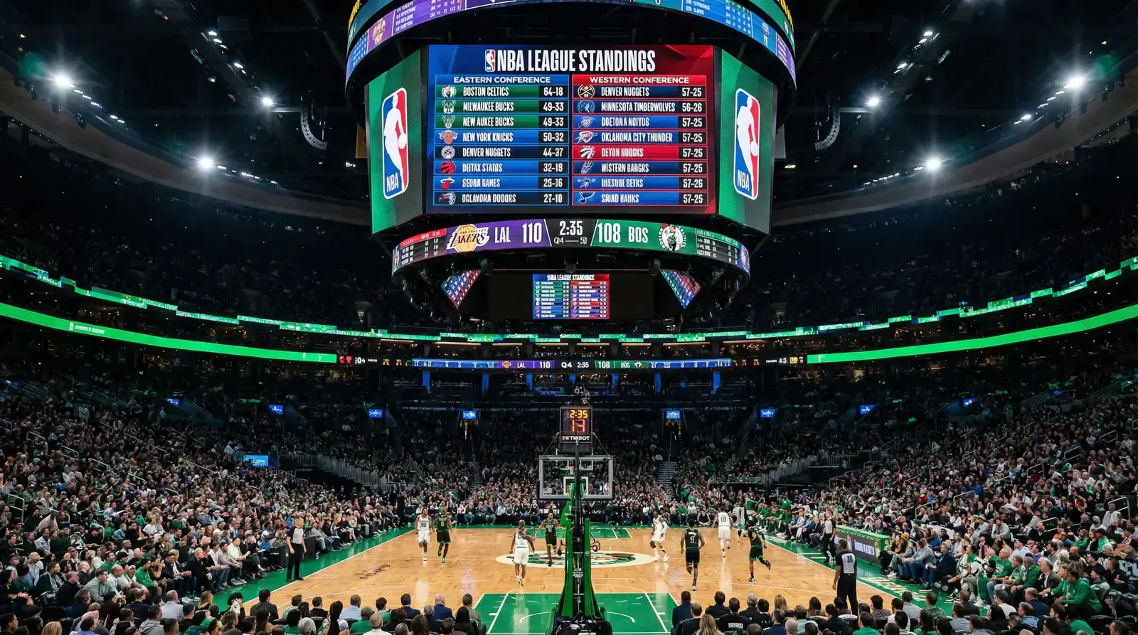 Basketball arena scoreboard displaying team standings and win-loss records