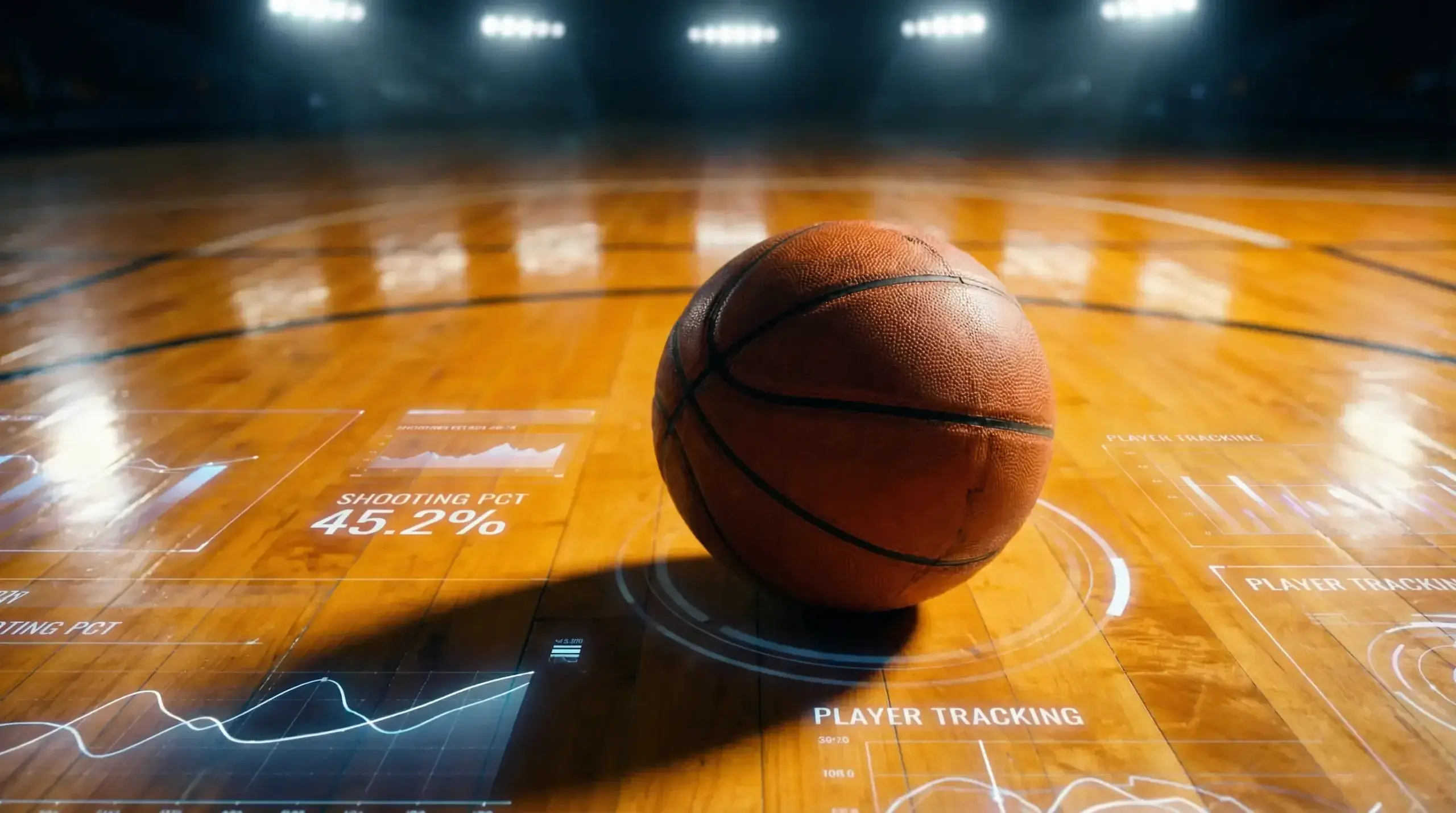 Basketball on court with statistical data overlay for NBA betting analysis