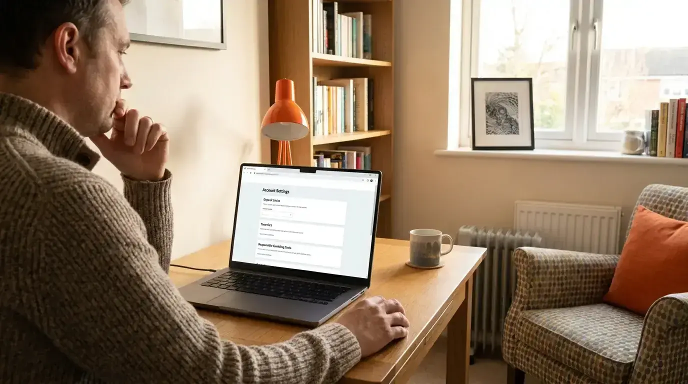 Person setting betting limits on laptop with responsible gambling resources visible